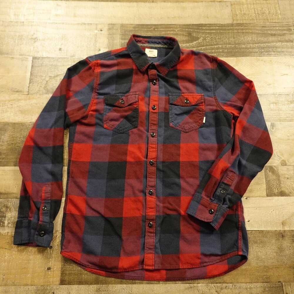 Vans Flannel Button-Up Shirt Men’s Large Red/Navy Plaid Tailored Fit‎ Casual